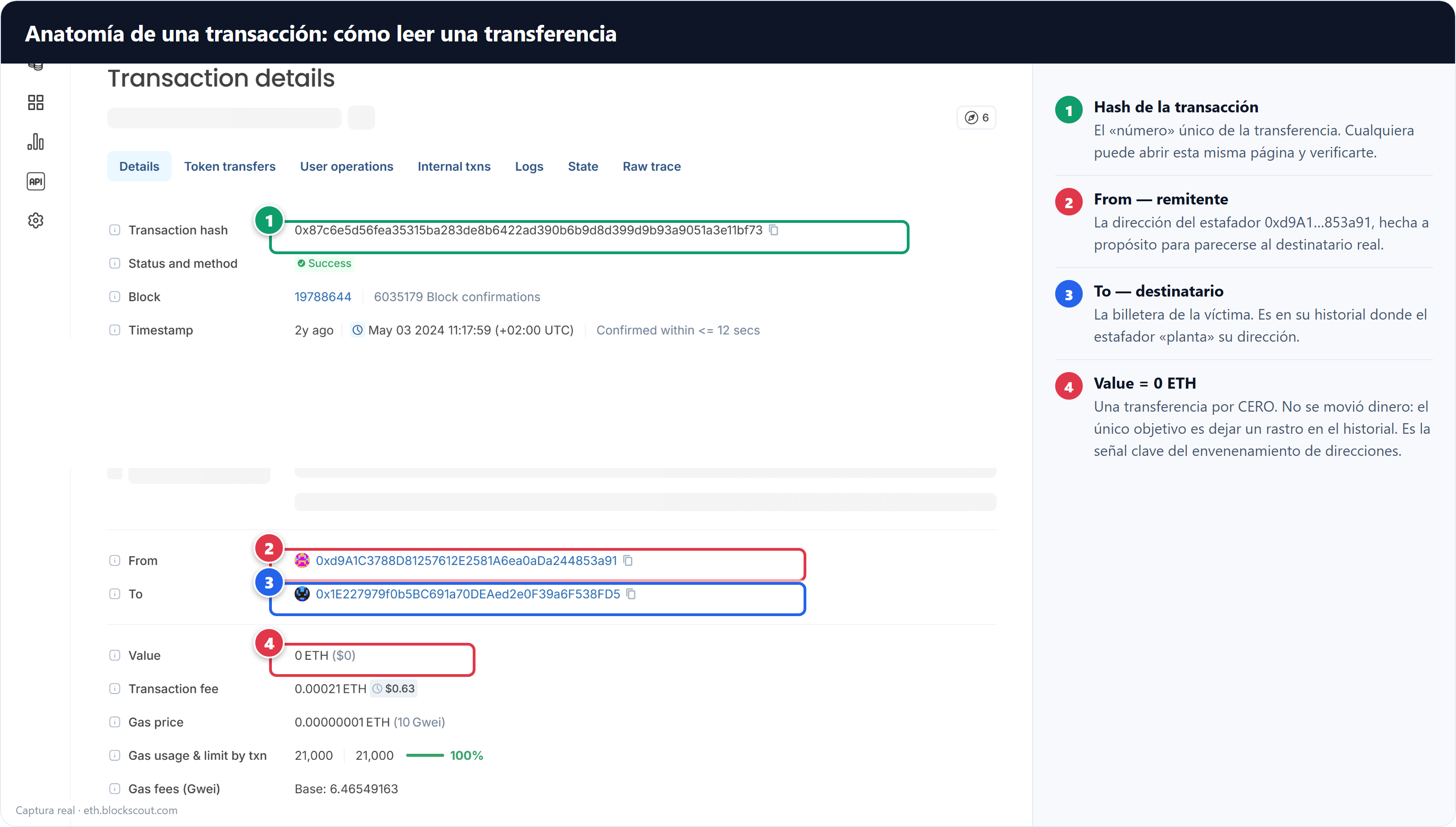 Transaction breakdown on a blockchain explorer